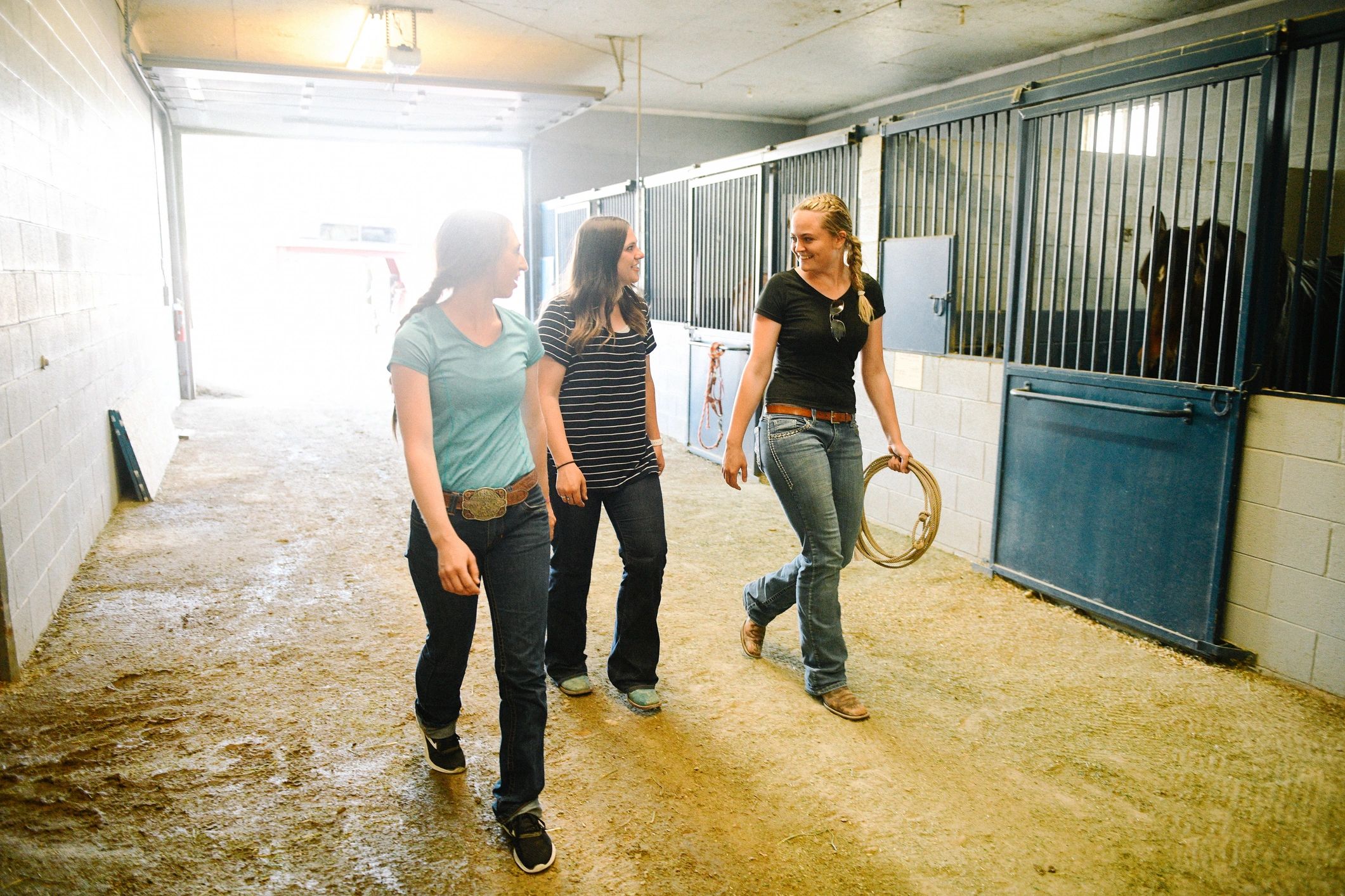 People walking through a horse stable